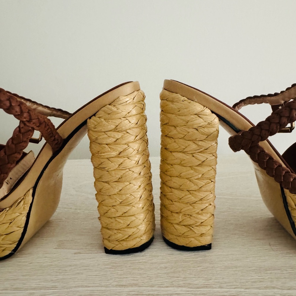 Valencia Brown Leather Platform Sandals with Gold Emblem - Picture 6 of 7